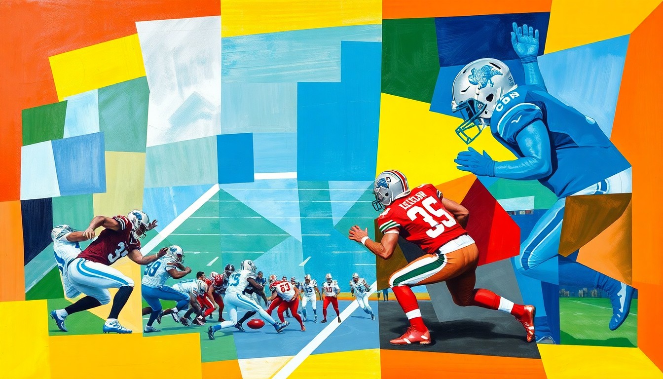 A cubist, geometric painting depicting fragmented, overlapping shapes and planes in the official colors of the Detroit Lions, representing the team's new offensive strategy under their recently hired coordinator.