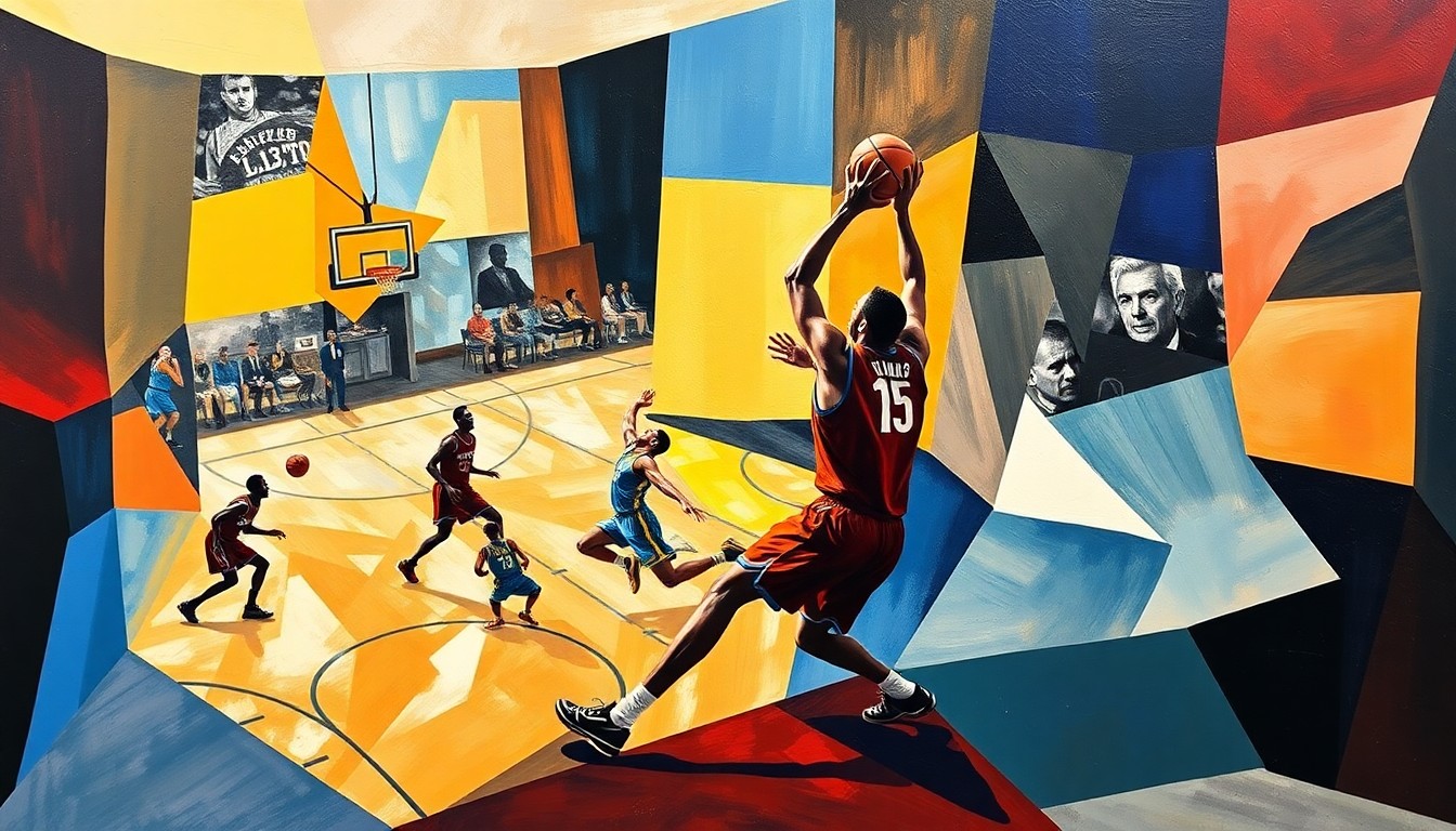 A cubist, geometric painting depicting the fragmented, multi-angled movements of basketball players on a court, with their forms broken down into abstract shapes and planes of vibrant colors.