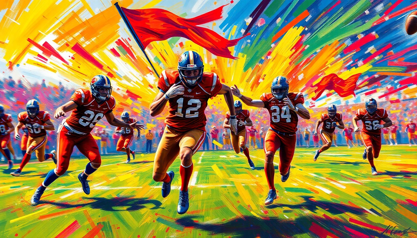 An abstract, energetic painting featuring bold, neon-colored brushstrokes that capture the dynamic movements and excitement of a flag football game.