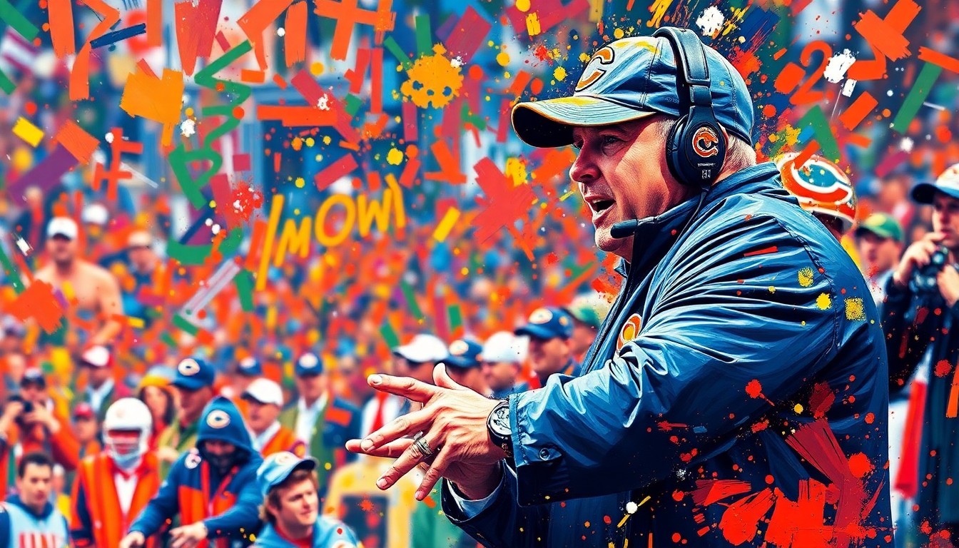 An abstract, expressionist painting in vibrant neon colors, capturing the raw energy and intensity of a Bears football game, with the coach's gestures and movements dissolving into unrecognizable splatters of paint.