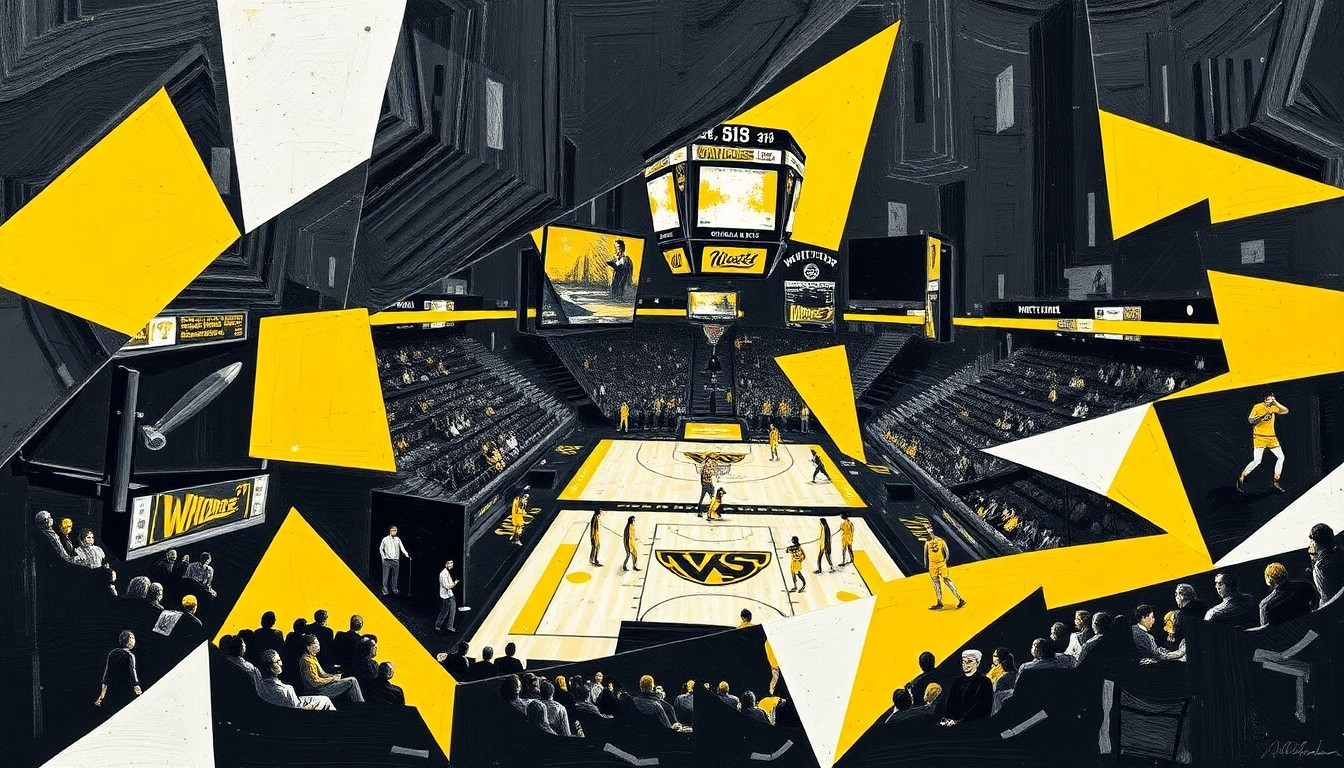 A cubist, geometric painting featuring overlapping planes of black, yellow, and white, capturing the energy and motion of a basketball game in an abstract, deconstructed style.