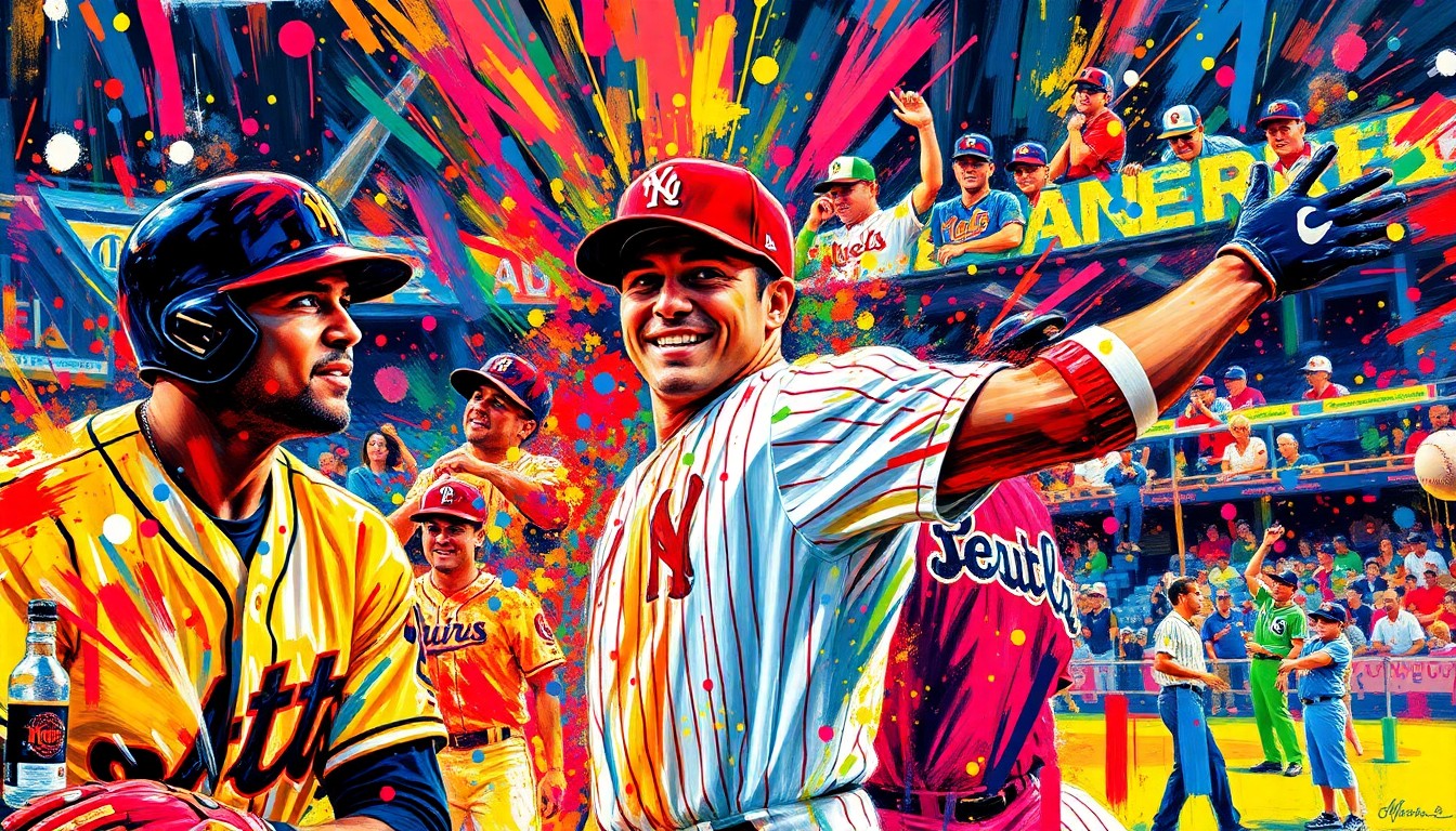 An abstract, energetic painting in neon colors, capturing the raw emotion and passion of a baseball game through expressive brushstrokes and dissolving figures.