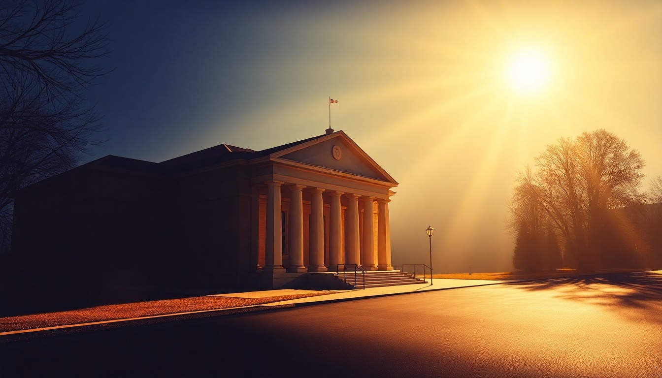 A photorealistic painting of a county government building in warm, golden light, with deep shadows creating a contemplative, cinematic mood around the budgeting process.