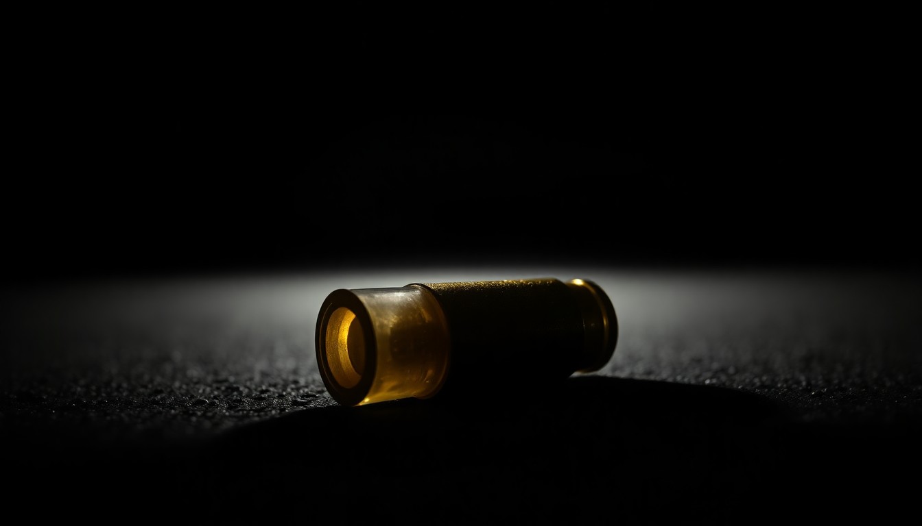 An extreme close-up photograph of a spent bullet casing on the ground, reflecting a harsh, direct camera flash in a stark, gritty, investigative aesthetic.