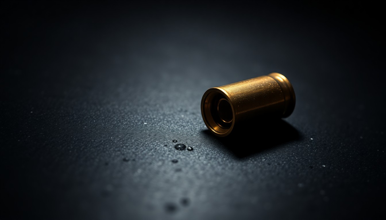 An extreme close-up photograph of a single spent bullet casing on a dark, textured surface, conceptually illustrating the grim aftermath of a school shooting.