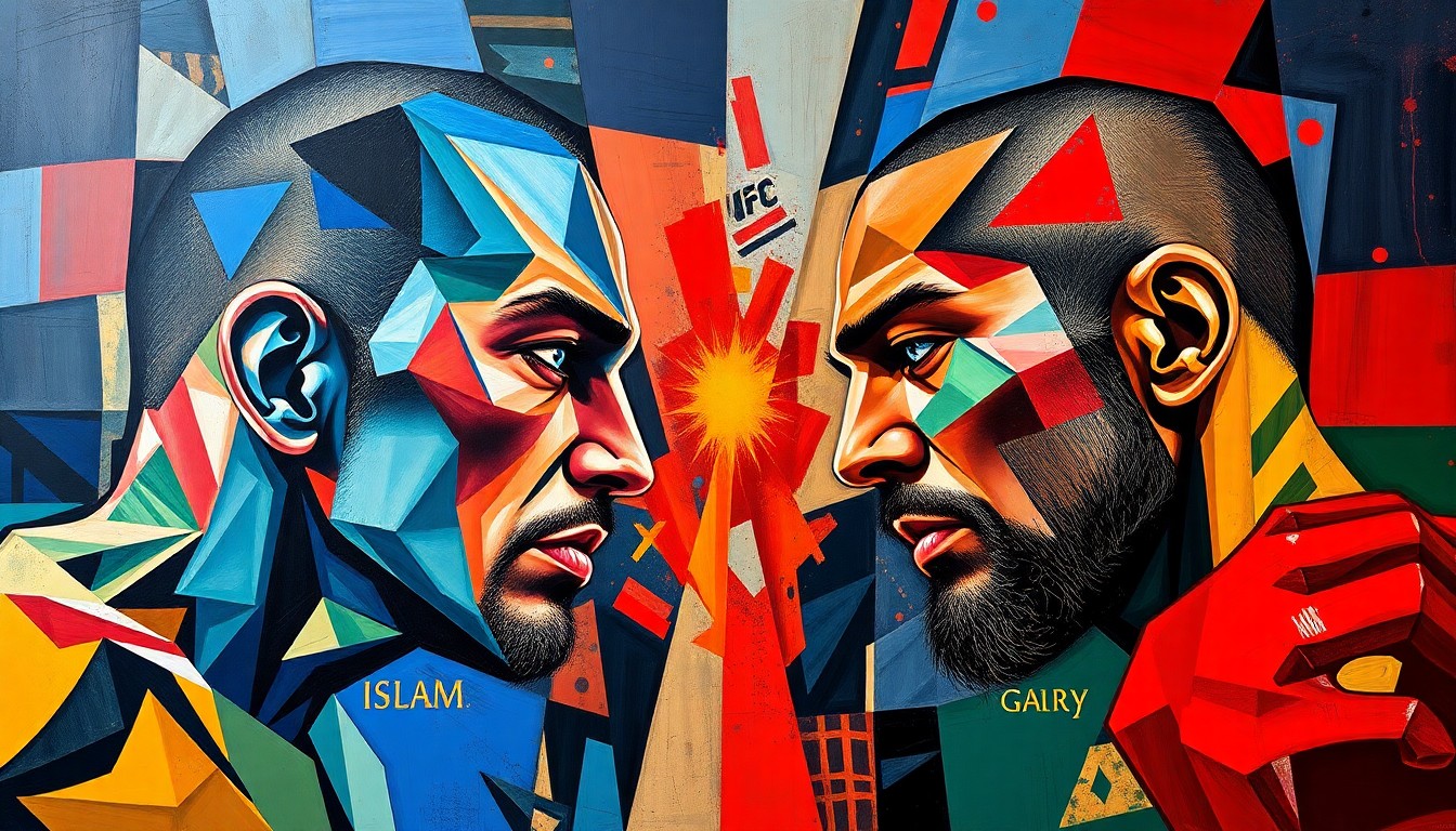 A fragmented, geometric painting depicting the dynamic movements and clashing styles of a UFC welterweight title fight, rendered in a vibrant color palette.