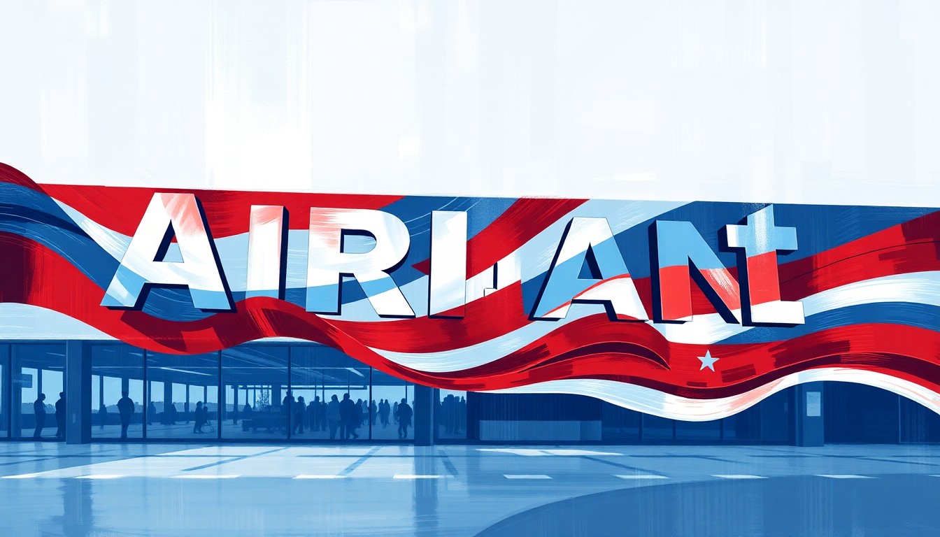 An abstract, fragmented painting in red, white, and blue hues depicting the outline of an airport terminal sign, conveying the divisive nature of the renaming decision.