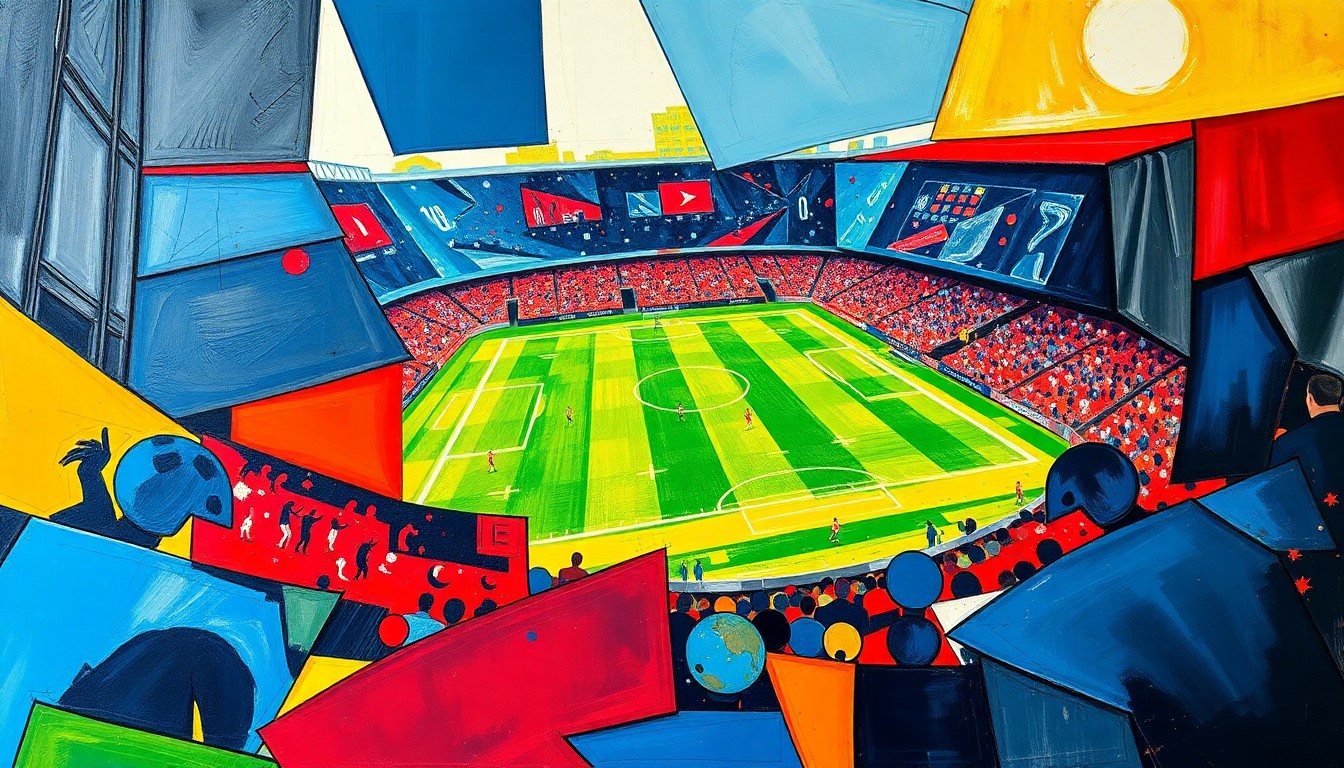 A cubist, geometric painting depicting a fragmented football game, with sharp, overlapping planes of navy, red, and yellow colors representing the intensity and unpredictability of the sport.