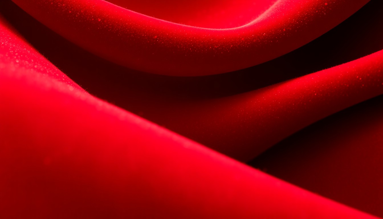 An extreme close-up photograph of a luxurious red velvet fabric, capturing the rich, textural glamour of high-fashion couture through dramatic studio lighting and a focus on material over literal objects.