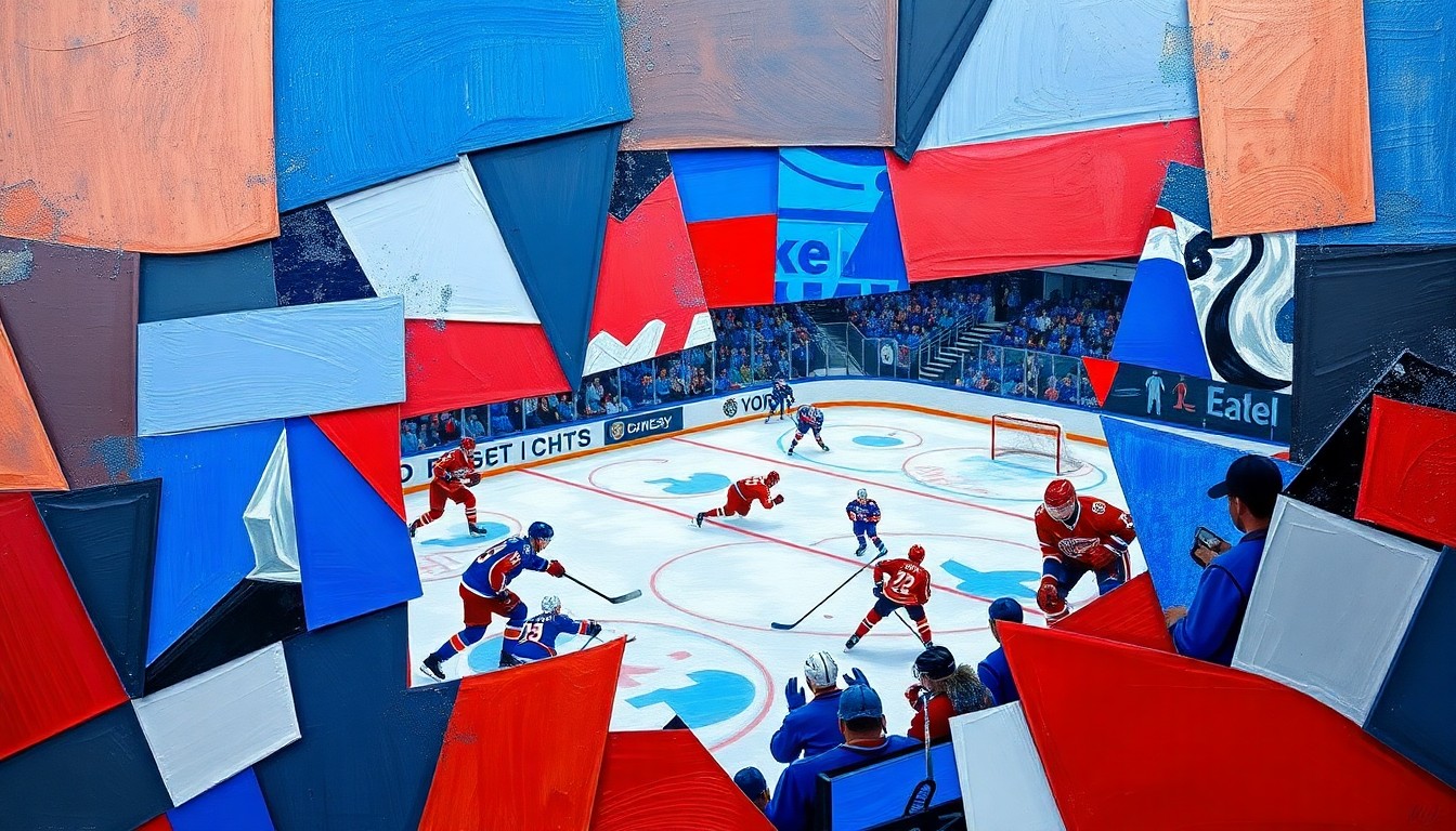 A cubist-style painting depicting a hockey game, with the players and action broken down into sharp, overlapping geometric shapes in a vibrant color palette, conveying the strategic complexity and intensity of the sport.
