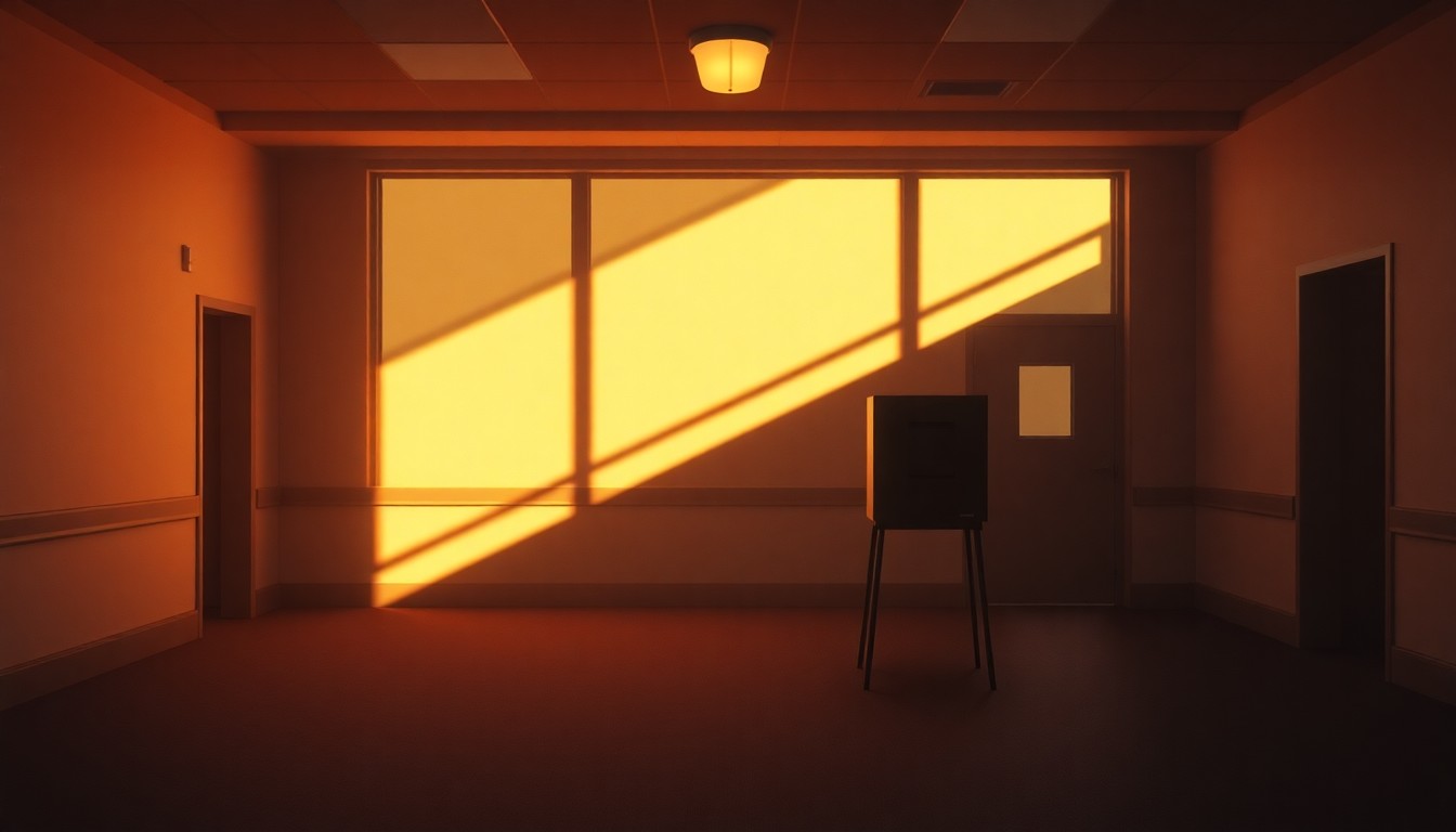 A warm, cinematic painting depicting a lone voting booth or ballot drop box in an empty municipal building lobby, with soft diagonal sunlight and deep shadows creating a sense of quiet contemplation around the civic process.