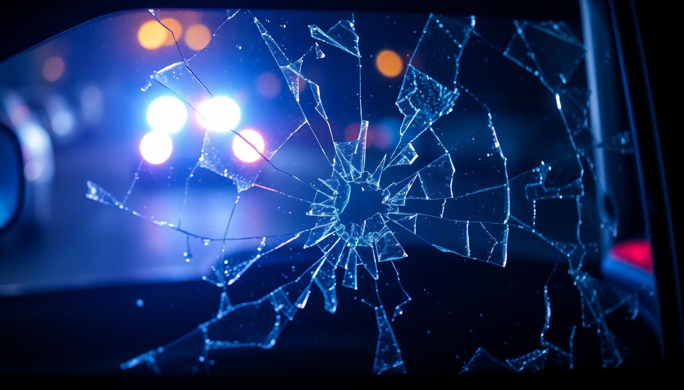 An extreme close-up photograph of shattered car window glass reflecting the faint glow of emergency lights, creating a stark, gritty visual metaphor for the aftermath of a drunk driving crash.
