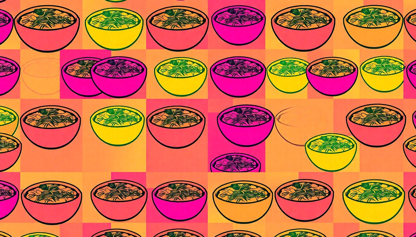 A vibrant, high-contrast silkscreen print of a single, iconic Vietnamese food item such as a bowl of pho or an order of imperial rolls, repeated in a tight grid pattern and rendered in a bold, neon color palette with heavy black outlines, conceptually representing the Slanted Door's modern take on traditional Vietnamese cuisine.