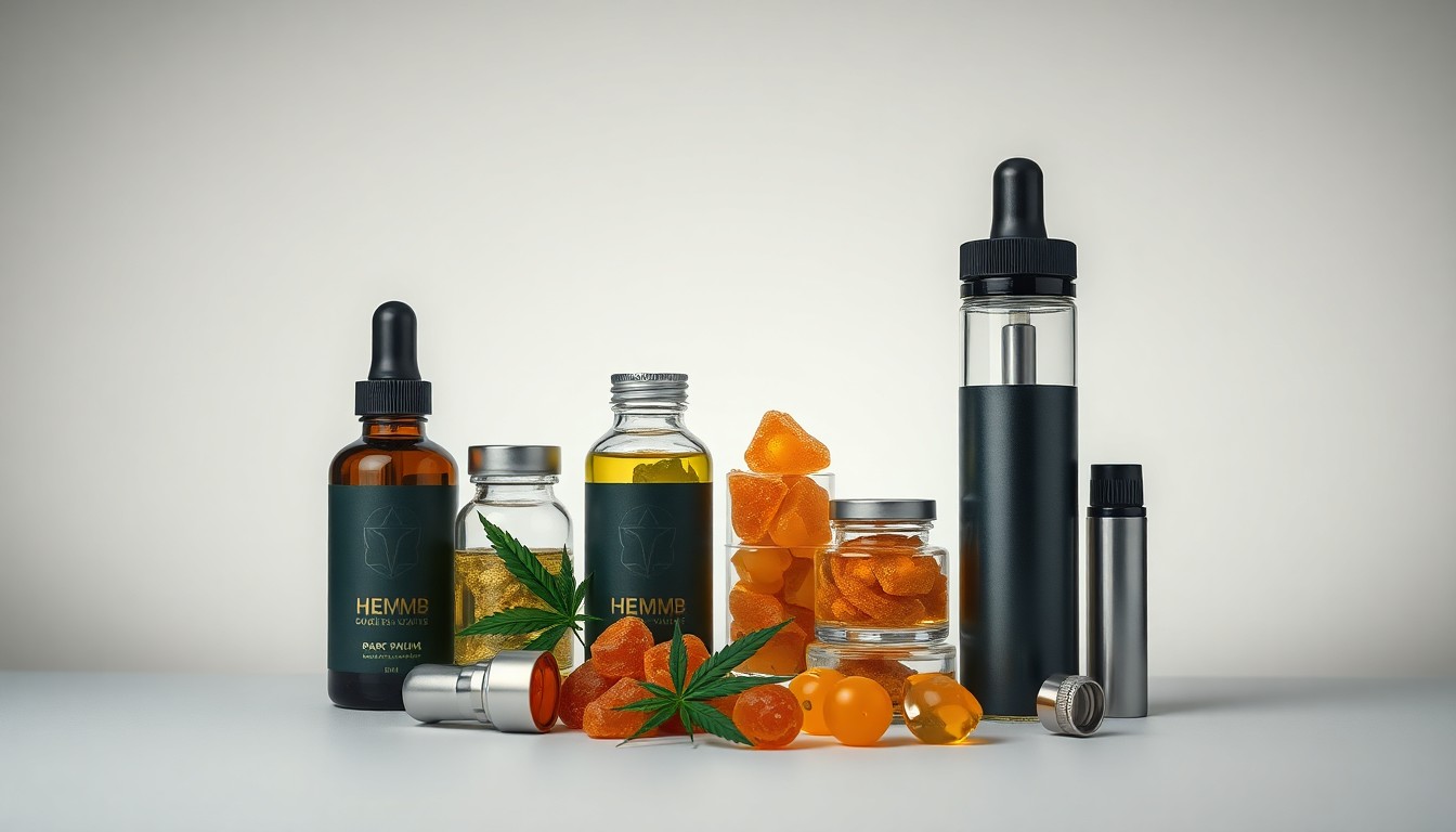 A high-end, photorealistic studio still-life photograph featuring a collection of premium hemp products, including tinctures, gummies, and vape cartridges, arranged elegantly on a clean, monochromatic background, conceptually representing the abstract corporate strategy and regulatory challenges facing the hemp industry.