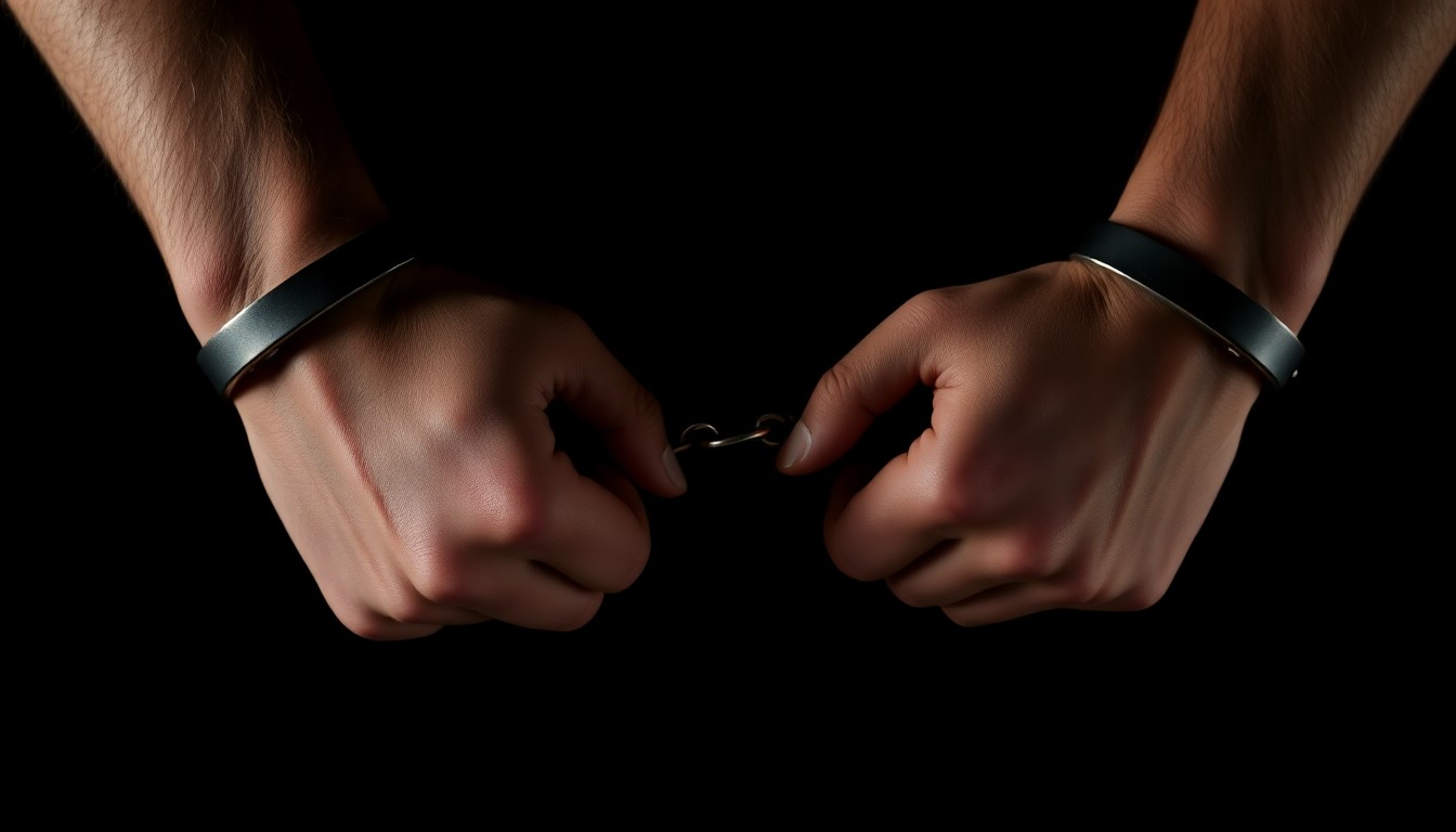 An extreme close-up of a pair of handcuffed wrists against a pitch-black background, lit by a harsh, direct camera flash, creating a stark, investigative aesthetic that conceptually represents the personal journey of accountability and growth described in the story.