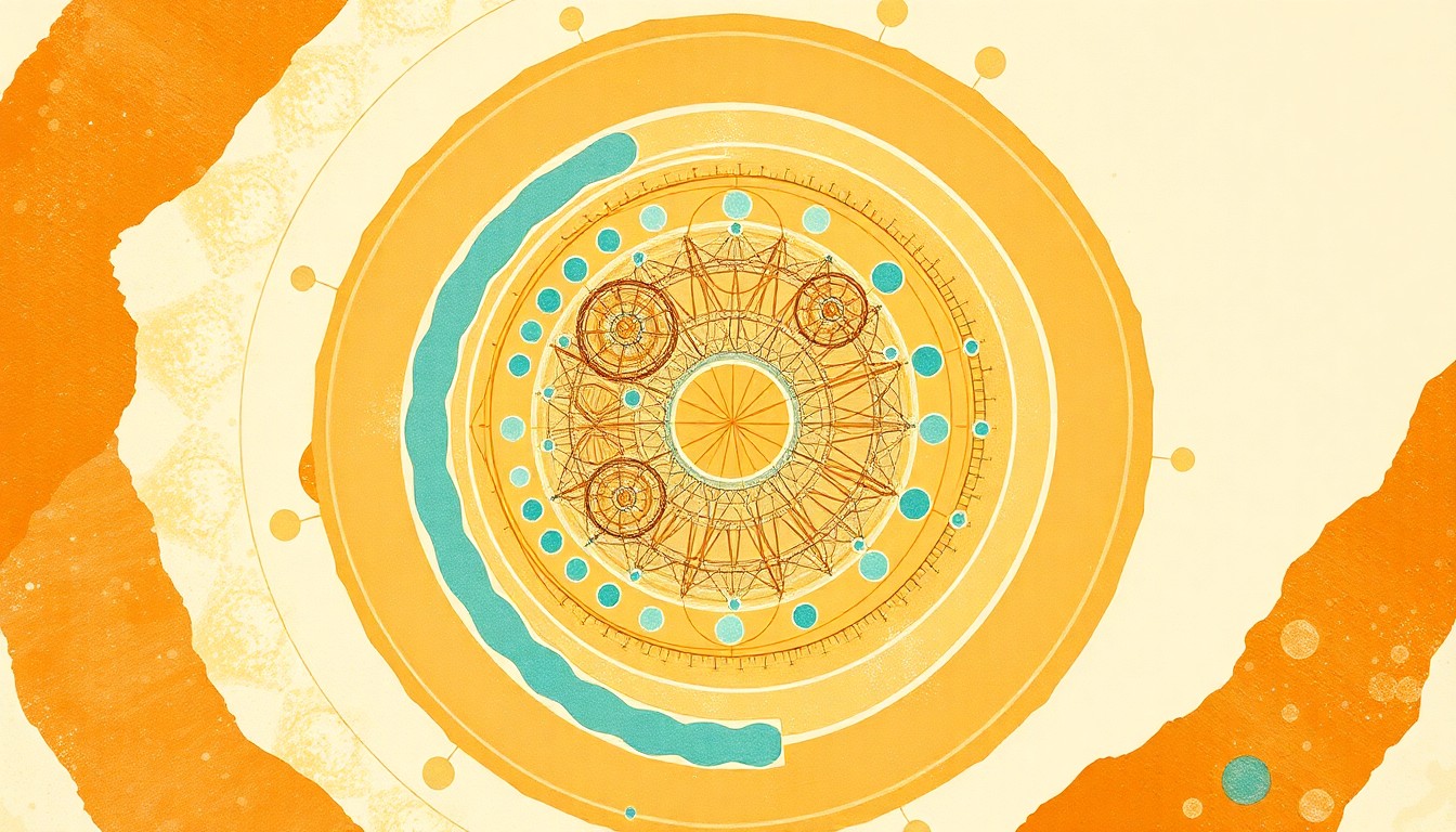 A highly structured abstract painting in soft, earthy tones of ochre, sienna, and turquoise, depicting the complex crystalline structure and chemical composition of the newly discovered mineral albertiniite through sweeping geometric arcs, concentric circles, and precise botanical or physical spirals, conveying the natural beauty and structural order of this scientific phenomenon.