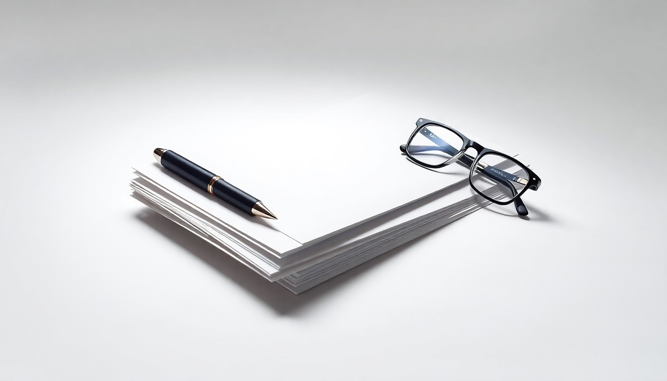 A photorealistic studio still life featuring a stack of legal documents, a pen, and a pair of eyeglasses arranged on a clean, white background, conceptually representing the precision and professionalism of immigration law practice.