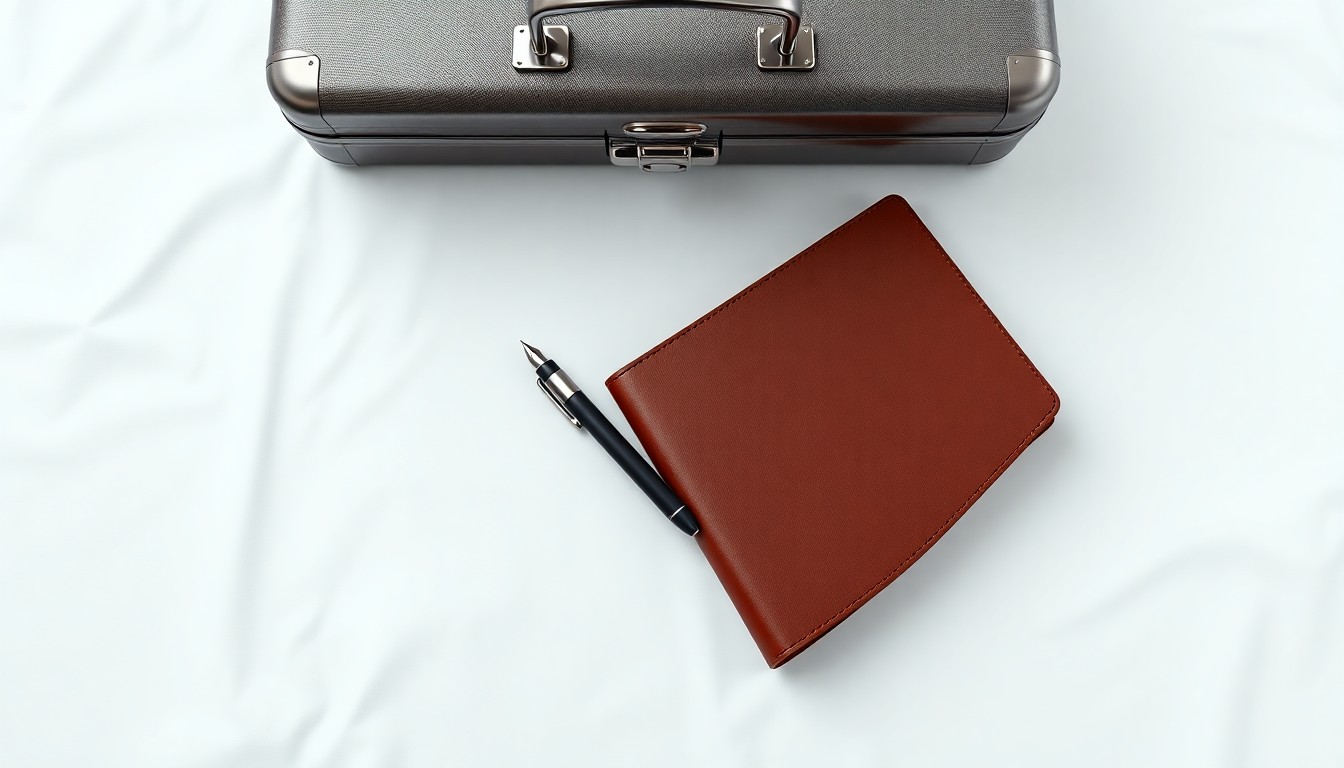 A high-end studio still life photograph featuring a polished metal briefcase, a leather-bound notebook, and a pen arranged elegantly on a clean, white background, conceptually representing the tools and resources available for strategic business exit planning.