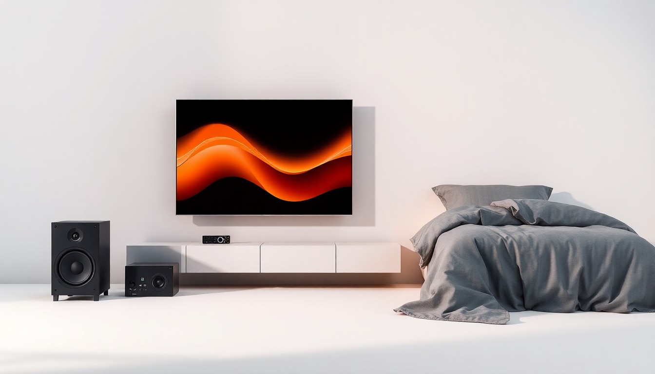 A minimalist studio still life photograph featuring a premium audio speaker, a sleek television display, and a modern bedding set arranged elegantly on a clean, monochromatic background, conceptually representing the high-end consumer electronics and home furnishings showcased at the NATM Vendor Conference.