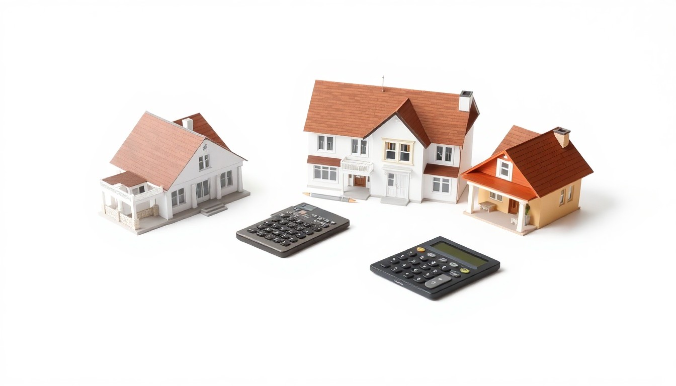 A minimalist studio still life photograph featuring a set of small architectural house models, a calculator, and a pen arranged elegantly on a clean white background, conceptually representing the stabilization of Albuquerque's housing market.