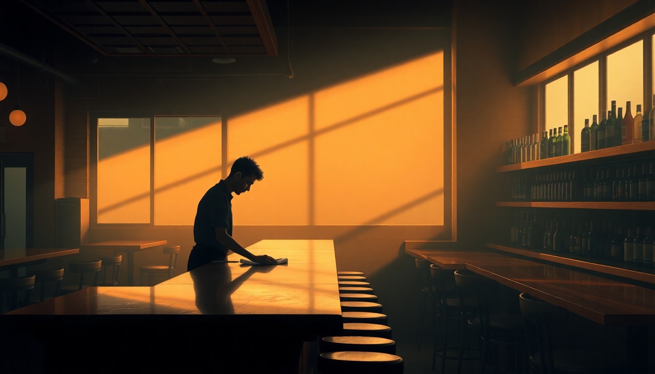 A moody, cinematic painting of a bartender wiping down the counter of an empty bar, the scene bathed in warm, diagonal sunlight and deep shadows, conveying the quiet melancholy of the tipped wage debate.