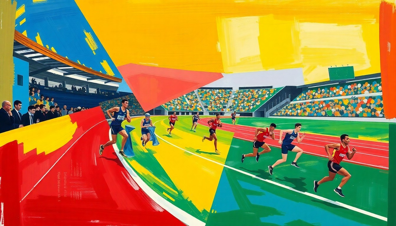 A vibrant, cubist-style painting depicting a track and field competition, with overlapping geometric shapes and planes of color representing the dynamic motion and energy of the athletes.
