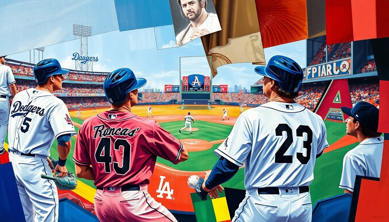 A cubist, geometric painting depicting a baseball game in motion, with overlapping shapes and planes of blue, white, and red representing the players, field, and action.