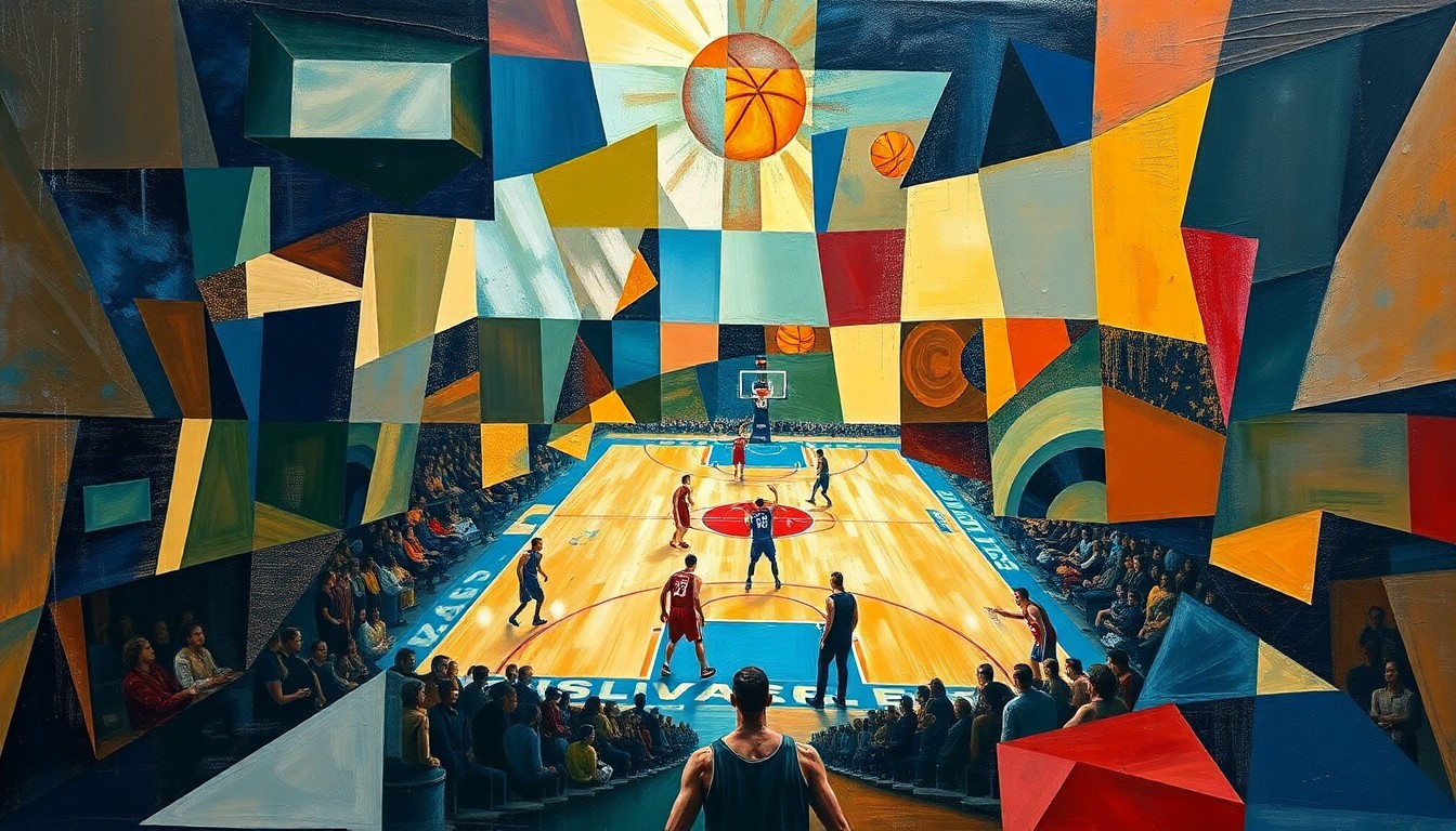 A cubist, geometric painting depicting the action and energy of a basketball game, with players and the court broken down into overlapping, fragmented shapes and planes in a vibrant color palette.