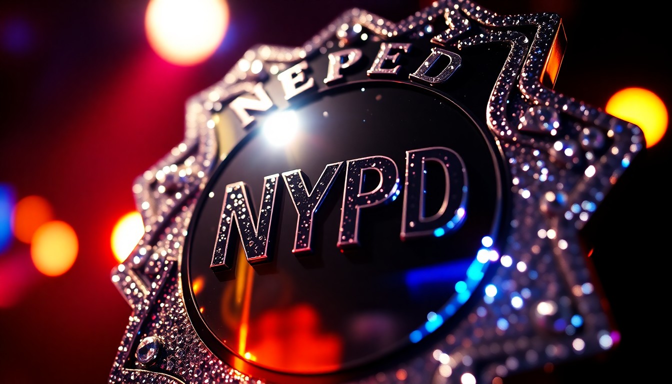 An extreme close-up photograph of a shiny police badge reflecting bright stage lights, conveying the glamour and significance of the NYPD concert event.