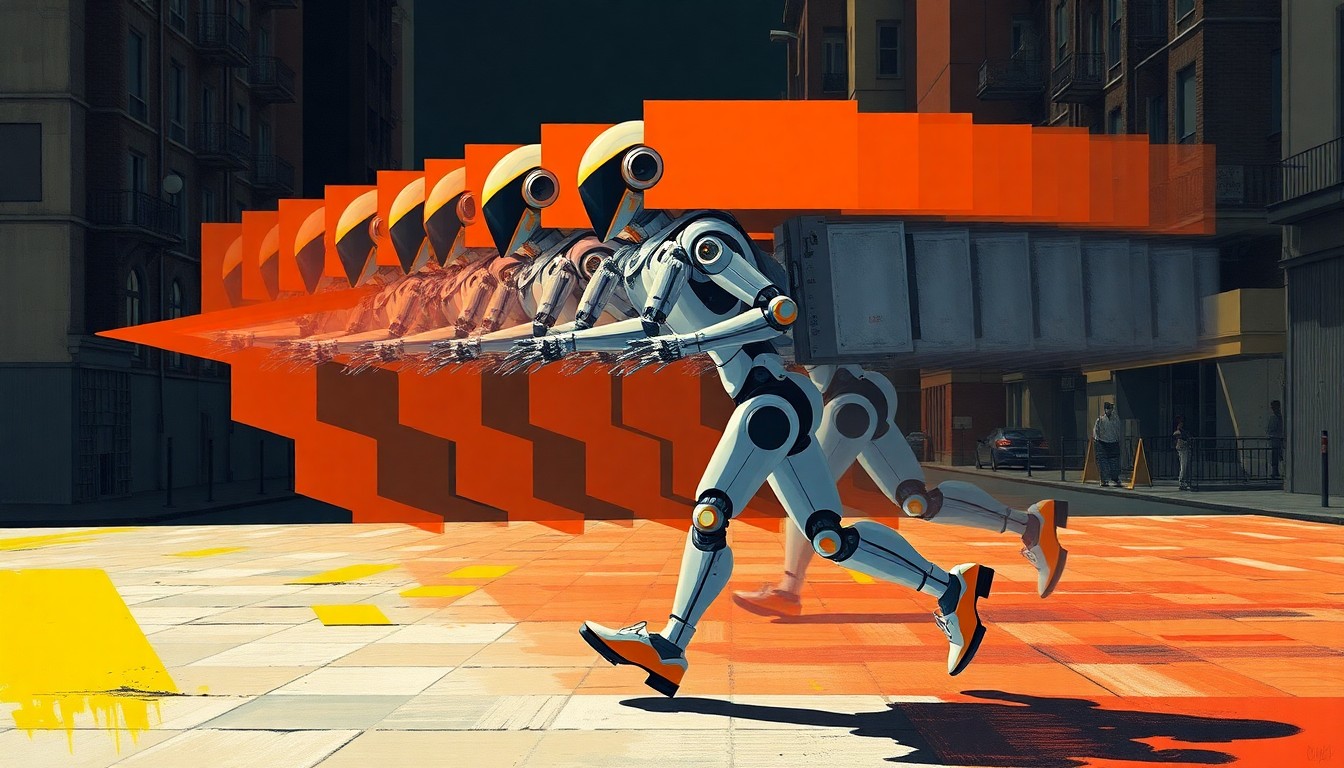 A vibrant, abstract painting depicting a delivery robot in motion, its mechanical parts and sensors repeated in overlapping, fractured geometric shapes in a palette of bold reds, blues, and yellows, conveying the energy and creativity of a political protest.