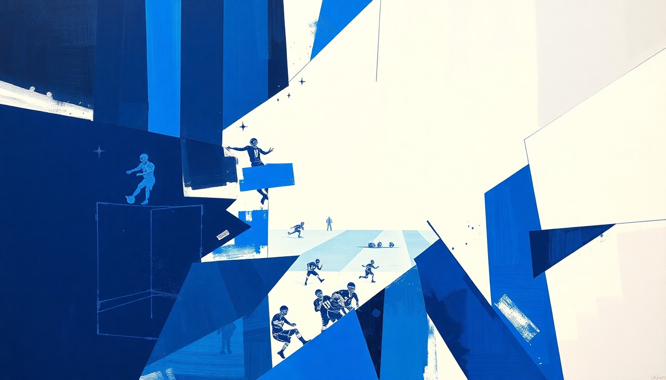 A cubist, geometric painting depicting a fragmented football field with players' forms broken down into sharp, overlapping planes of navy, royal blue, and white, conveying the sense of change and high stakes surrounding the Bills' coaching transition.