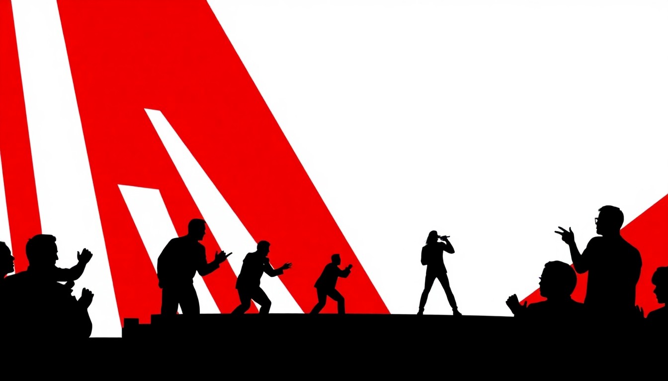 A striking, minimalist illustration featuring bold, jagged shapes and silhouettes in high-contrast red and white, conceptually representing the competitive and dramatic nature of a reality TV competition show.