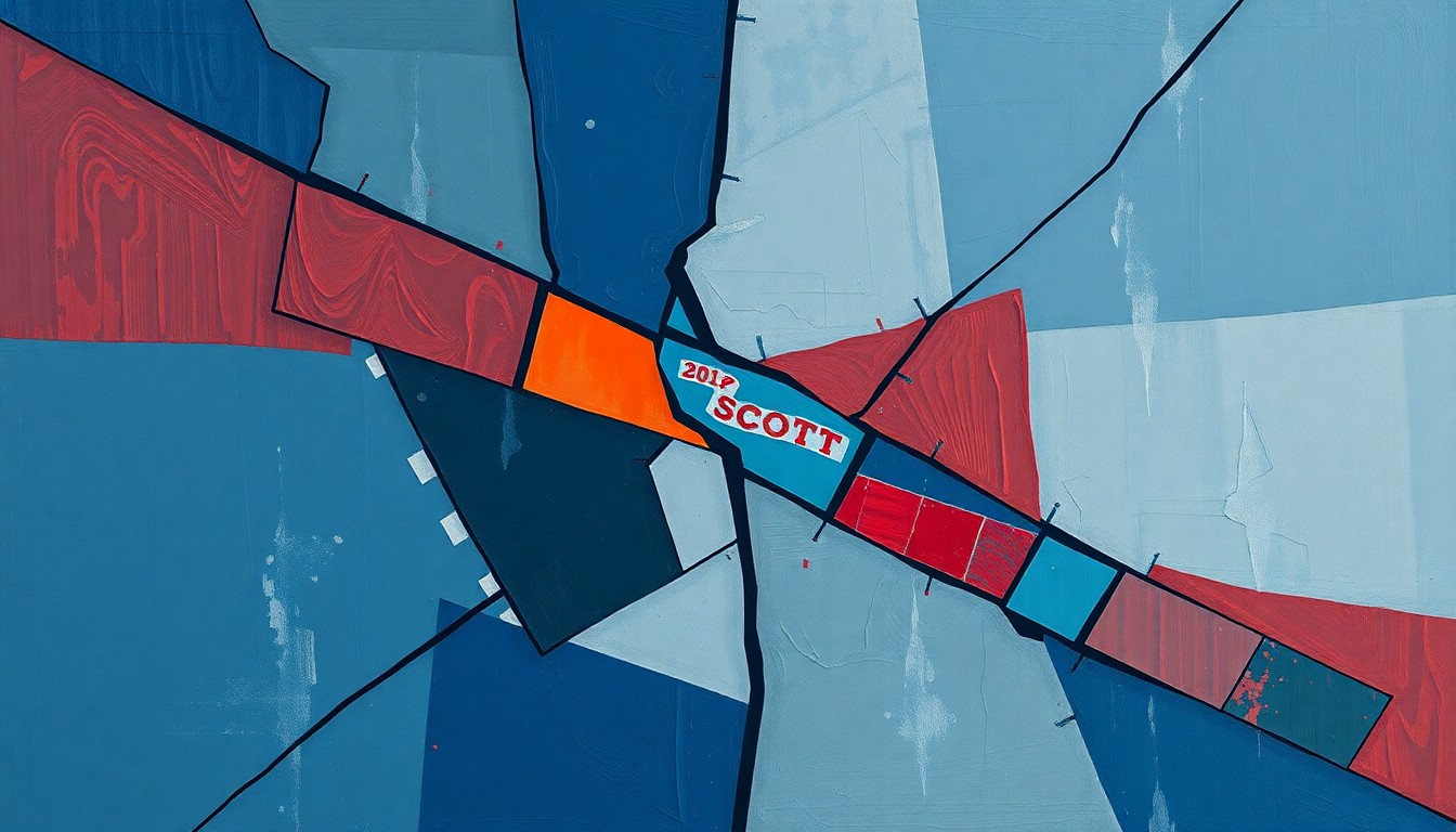 An abstract, fragmented painting in shades of blue, red, and grey, with overlapping geometric shapes and lines conveying a sense of political tension and dynamism.