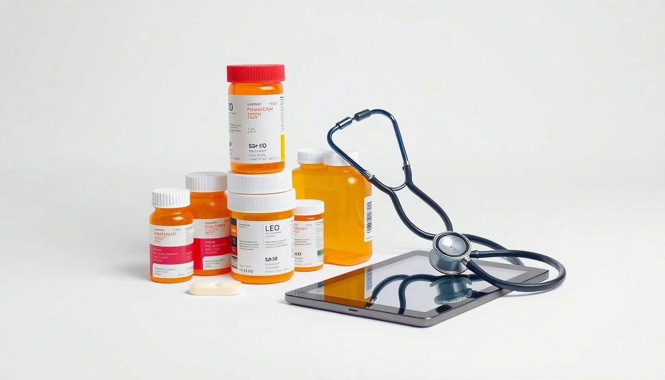 A photorealistic studio still life featuring a stack of prescription bottles, a stethoscope, and a tablet computer, symbolizing the role of community pharmacists in healthcare.