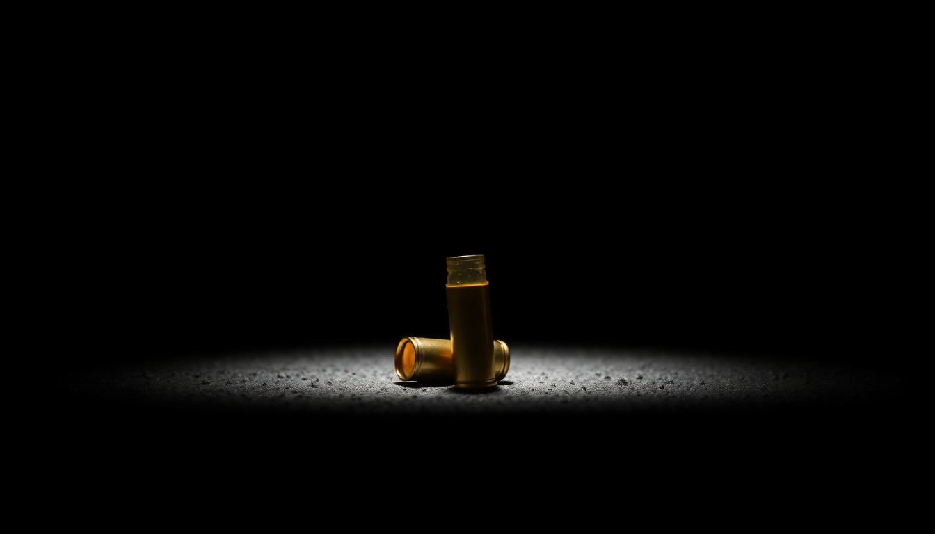 An extreme close-up photograph of a single spent shell casing on the ground, the sole focus of the image representing the physical evidence of a crime without depicting any actual violence or victims.