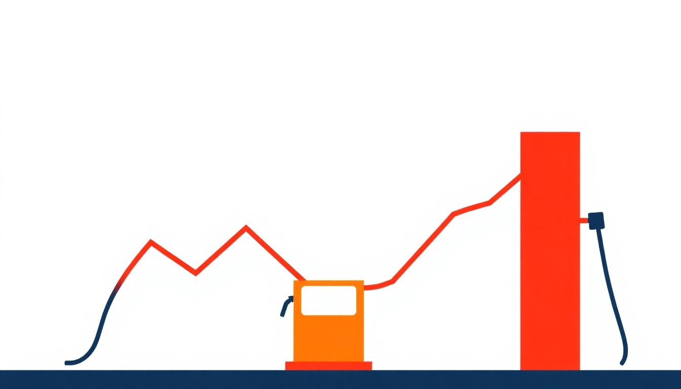 A dynamic abstract composition of overlapping triangles and circles in shades of red, blue, and yellow, conveying the concept of rising gas prices as an inescapable economic trend.