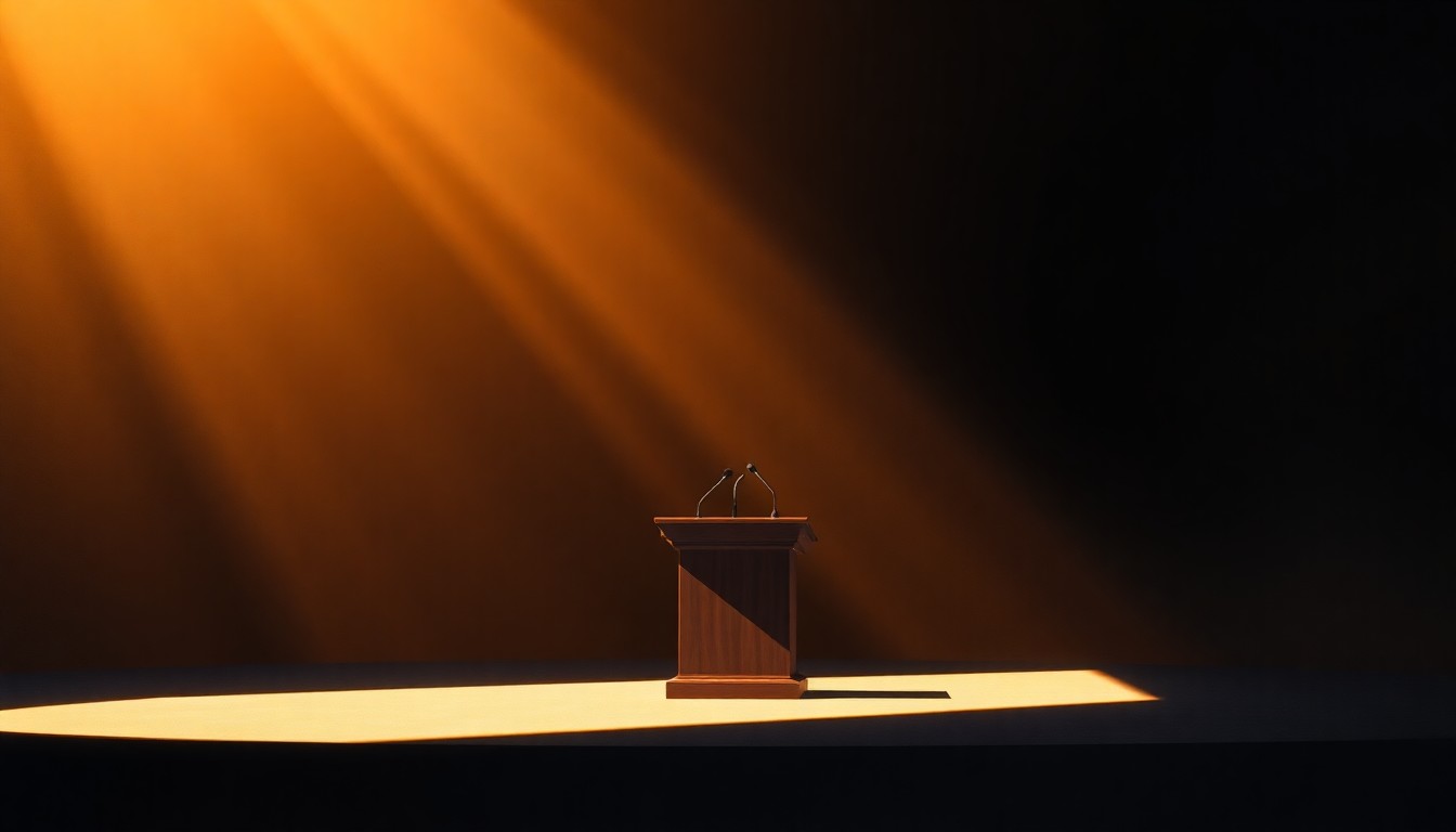 A serene, cinematic painting depicting an empty debate stage or podium, with warm sunlight casting dramatic shadows across the scene, conveying a sense of anticipation and civic engagement.