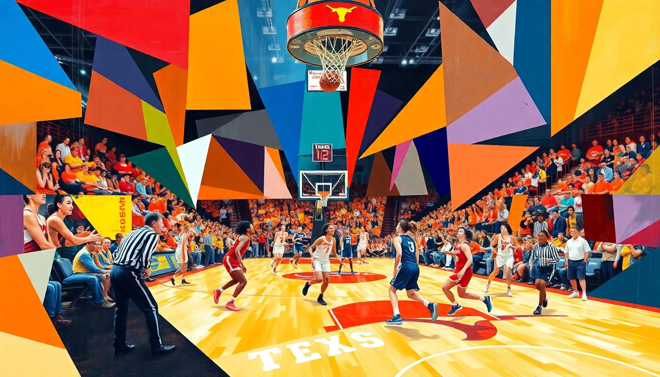A cubist-style painting featuring fragmented geometric shapes in the colors of the Texas Longhorns and their opponent, capturing the dynamic movement and energy of a women's basketball game.