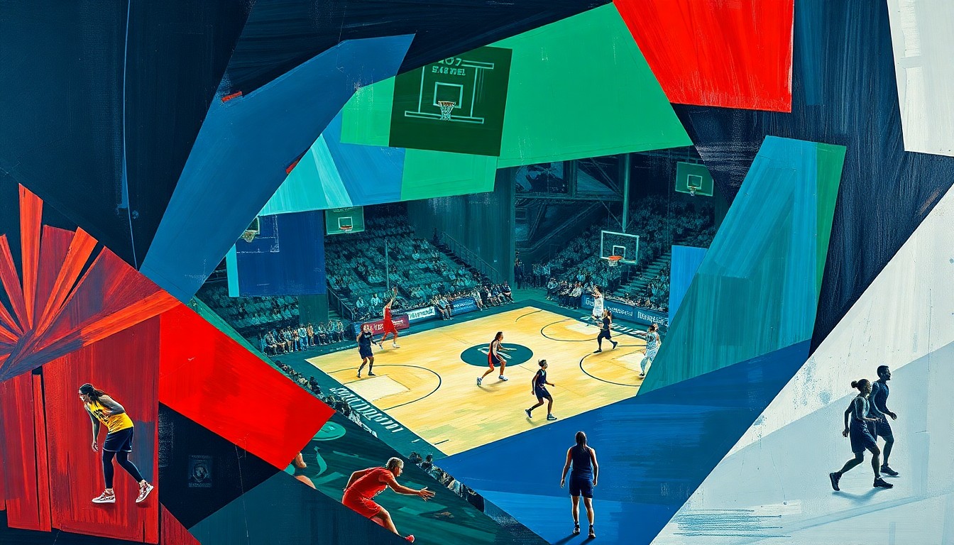A cubist, geometric painting depicting the action and energy of a women's basketball game, with sharp, overlapping shapes and planes in a palette of navy, green, and red.