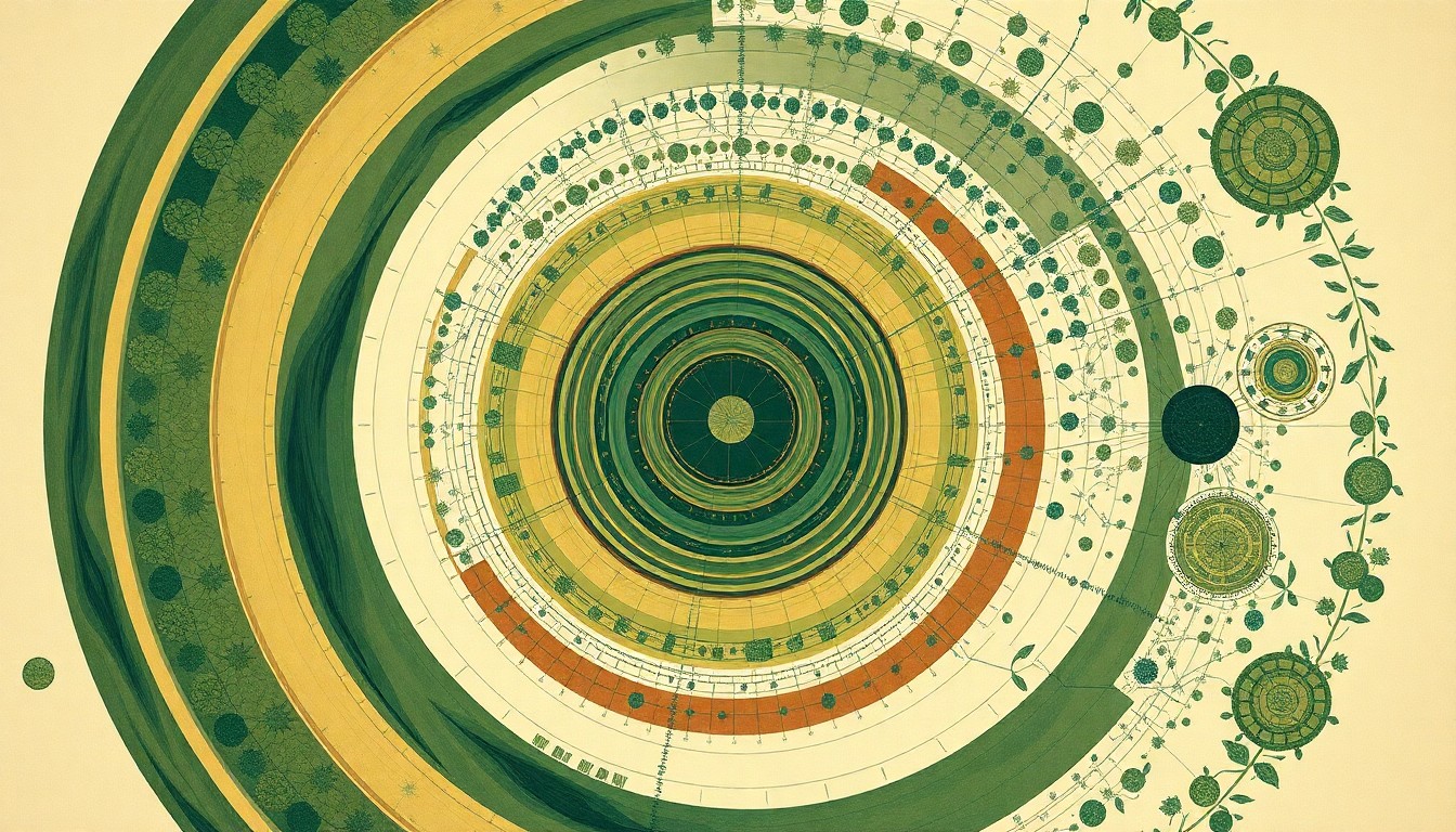 A highly textured abstract painting in earthy tones of green, brown, and blue, featuring sweeping geometric arcs, concentric circular patterns, and precise botanical spirals, conceptually representing the complex interconnected systems of a sustainable working forest ecosystem.