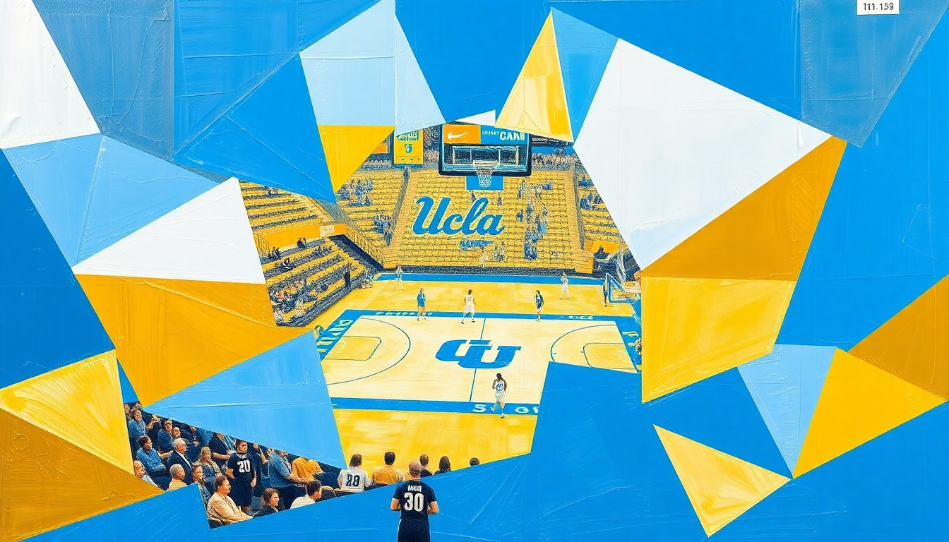 A cubist-style painting featuring overlapping geometric shapes and planes in shades of blue, gold, and white, capturing the energy and movement of a UCLA women's basketball game.