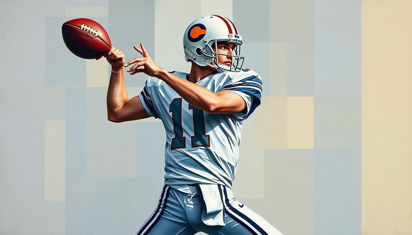 A cubist-style painting depicting a quarterback in motion, with the figure broken down into fragmented geometric shapes and planes of color, conveying the complexity of the Steelers' quarterback situation.