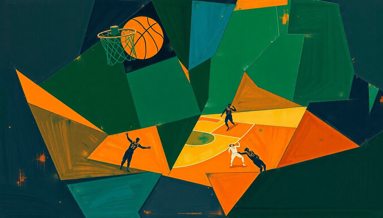 A cubist, geometric painting depicting a fragmented, multi-angled view of a basketball game, with sharp planes of navy, green, and orange hues conceptually representing the complex issues surrounding Will Wade's coaching career.