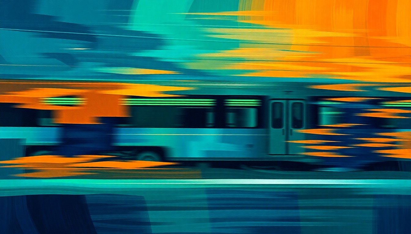 An abstract, expressionistic painting depicting the motion of a speeding train through fragmented, overlapping geometric shapes in shades of blue, green, and orange, conveying a sense of urgency and disruption.