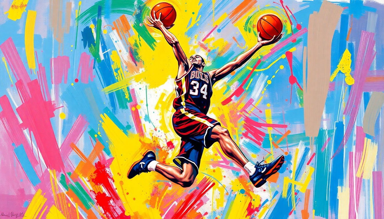 An abstract, energetic painting in vibrant neon colors and expressive brushstrokes, capturing the raw emotion and movement of a basketball player mid-jump shot, with no clear details or identifiable features.