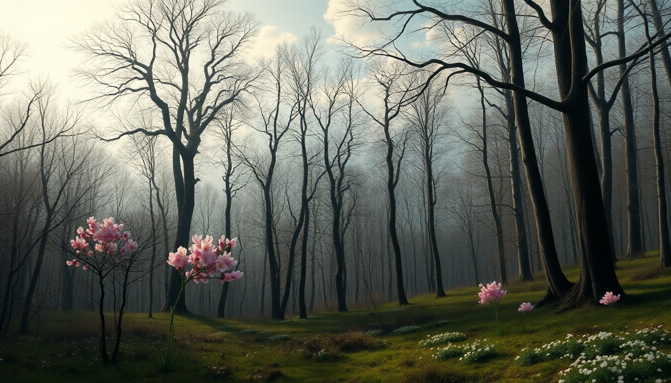 A sweeping, atmospheric landscape painting in muted tones of green, brown, and pink, capturing the subtle beauty of early spring wildflowers and budding trees in a vast, natural setting.