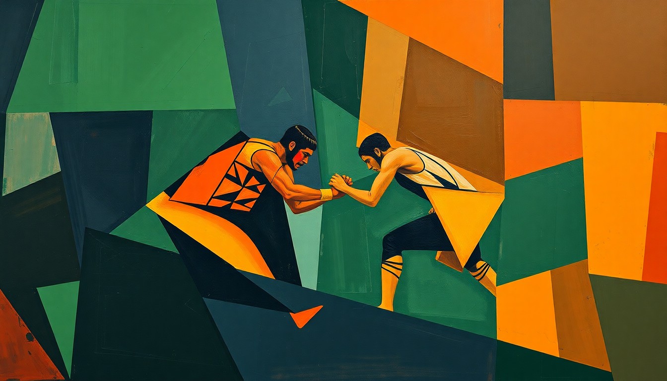 A fractured, cubist-style painting depicting the overlapping geometric shapes and planes of a wrestling match, rendered in a palette of navy, green, and orange to capture the raw energy and movement of the sport.