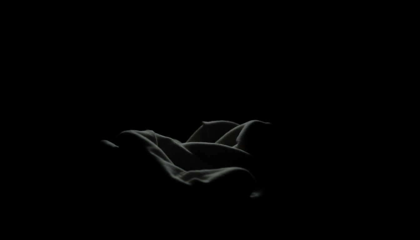 An extreme close-up photograph of a gray clothing item, such as a jacket or leggings, dramatically lit by a harsh camera flash against a pitch-black background, conceptually representing the search for a missing teenager.