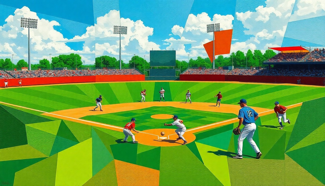 A fragmented, geometric painting depicting the dynamic movements and energy of a high school baseball game, with players and the field broken down into abstract shapes and planes of vibrant colors.