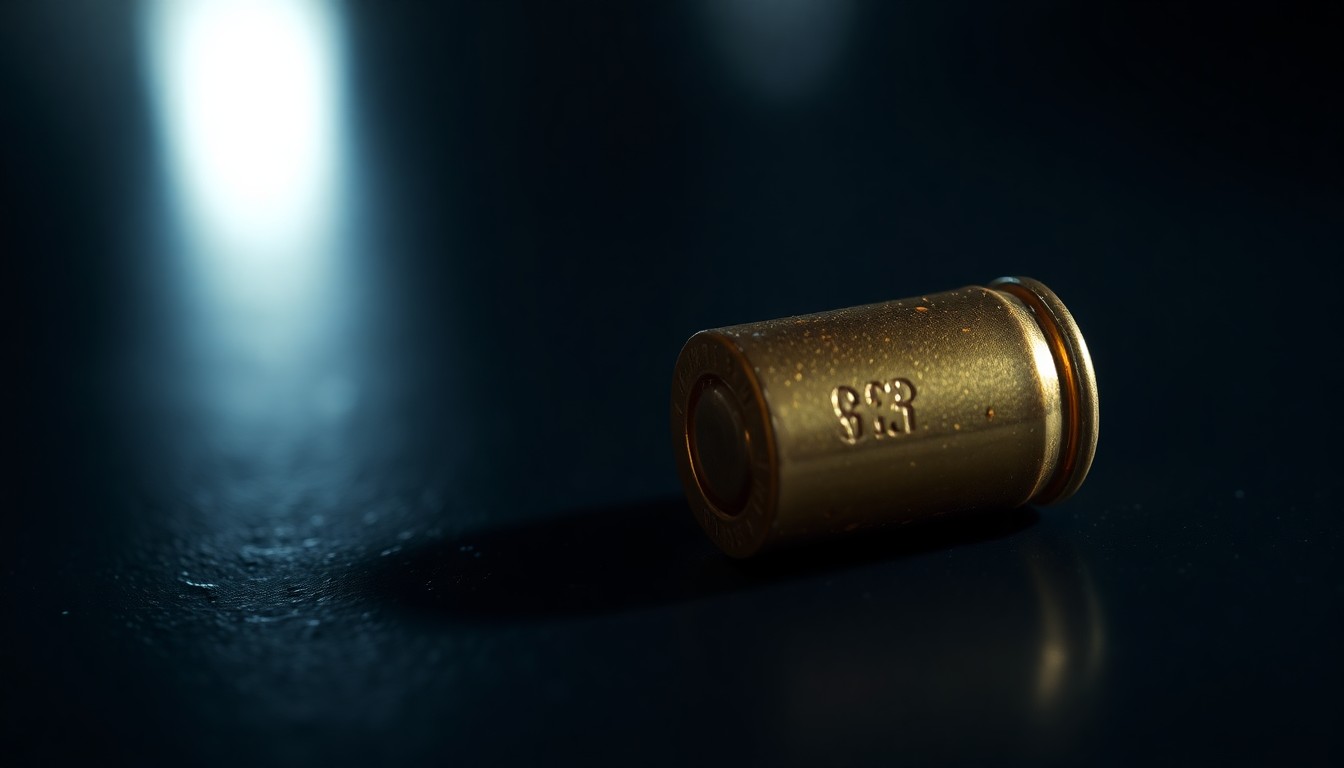 An extreme close-up photograph of a single spent bullet casing on a dark surface, lit by a harsh, direct camera flash, conceptually representing the gritty, investigative nature of this complex crime case.